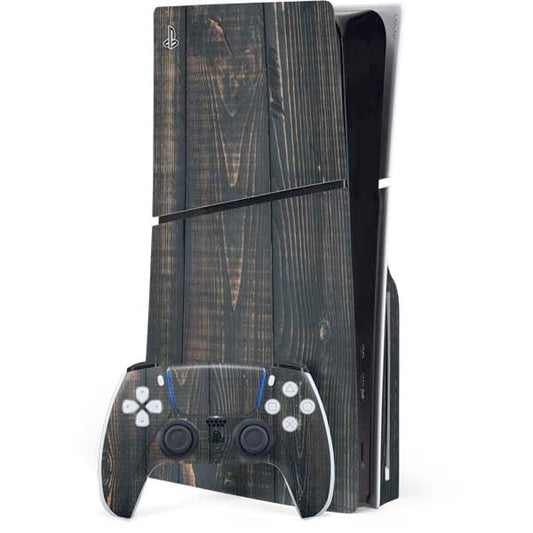 Skinit Decal Gaming Skin Compatible with PS5 Slim Disk Bundle - Black Painted Wood Design