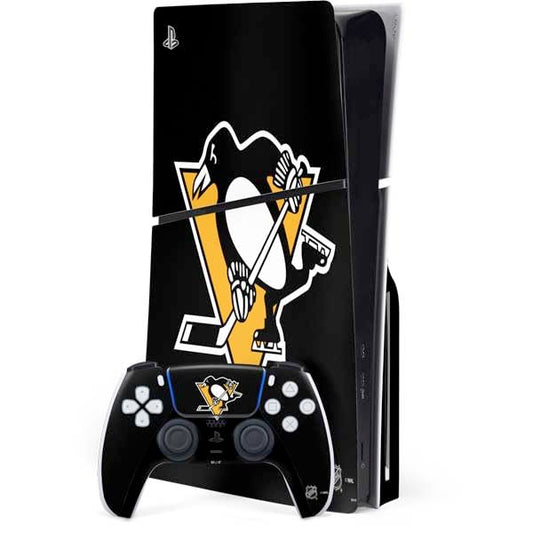 Skinit Decal Gaming Skin Compatible with PS5 Slim Disk Bundle - Officially Licensed NHL Pittsburgh Penguins Solid Background Design