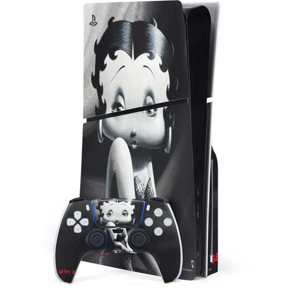 Skinit Decal Gaming Skin Compatible with PS5 Slim Disk Bundle - Officially Licensed Betty Boop Black and White Design