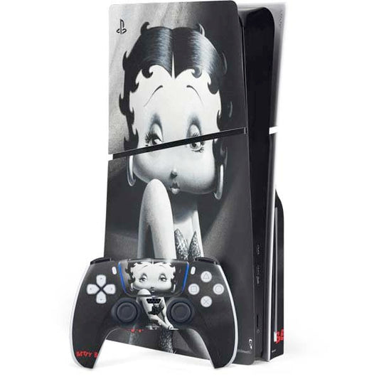 Skinit Decal Gaming Skin Compatible with PS5 Slim Disk Bundle - Officially Licensed Betty Boop Black and White Design
