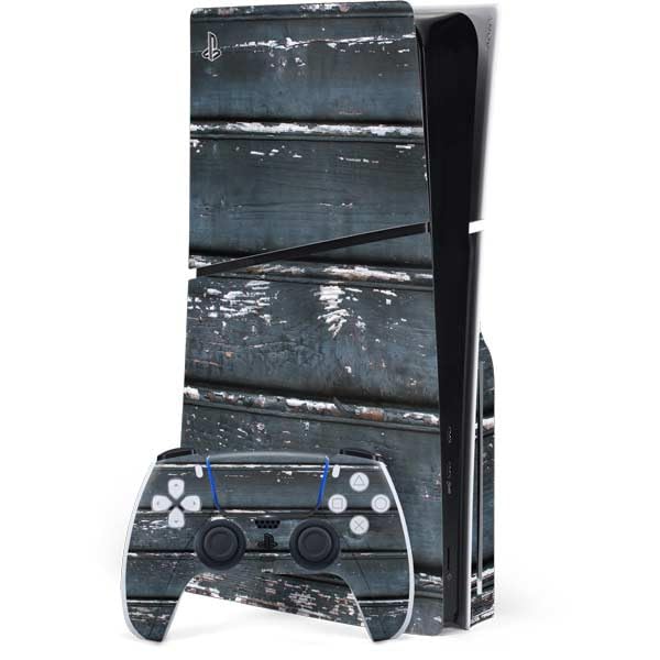 Skinit Decal Gaming Skin Compatible with PS5 Slim Disk Bundle - Chipped Blue Wood Design