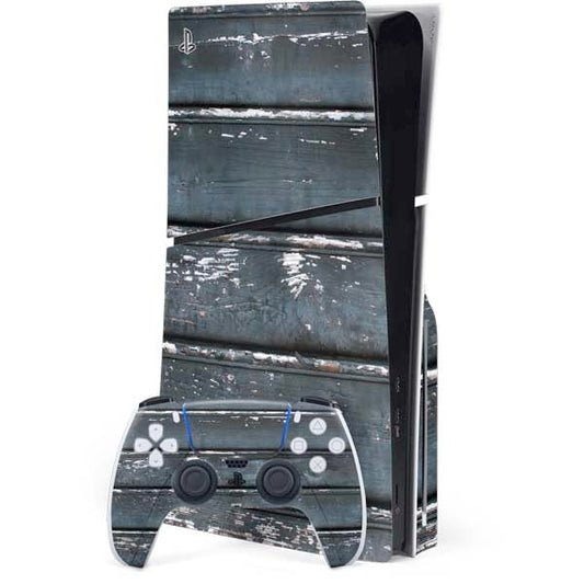 Skinit Decal Gaming Skin Compatible with PS5 Slim Disk Bundle - Chipped Blue Wood Design