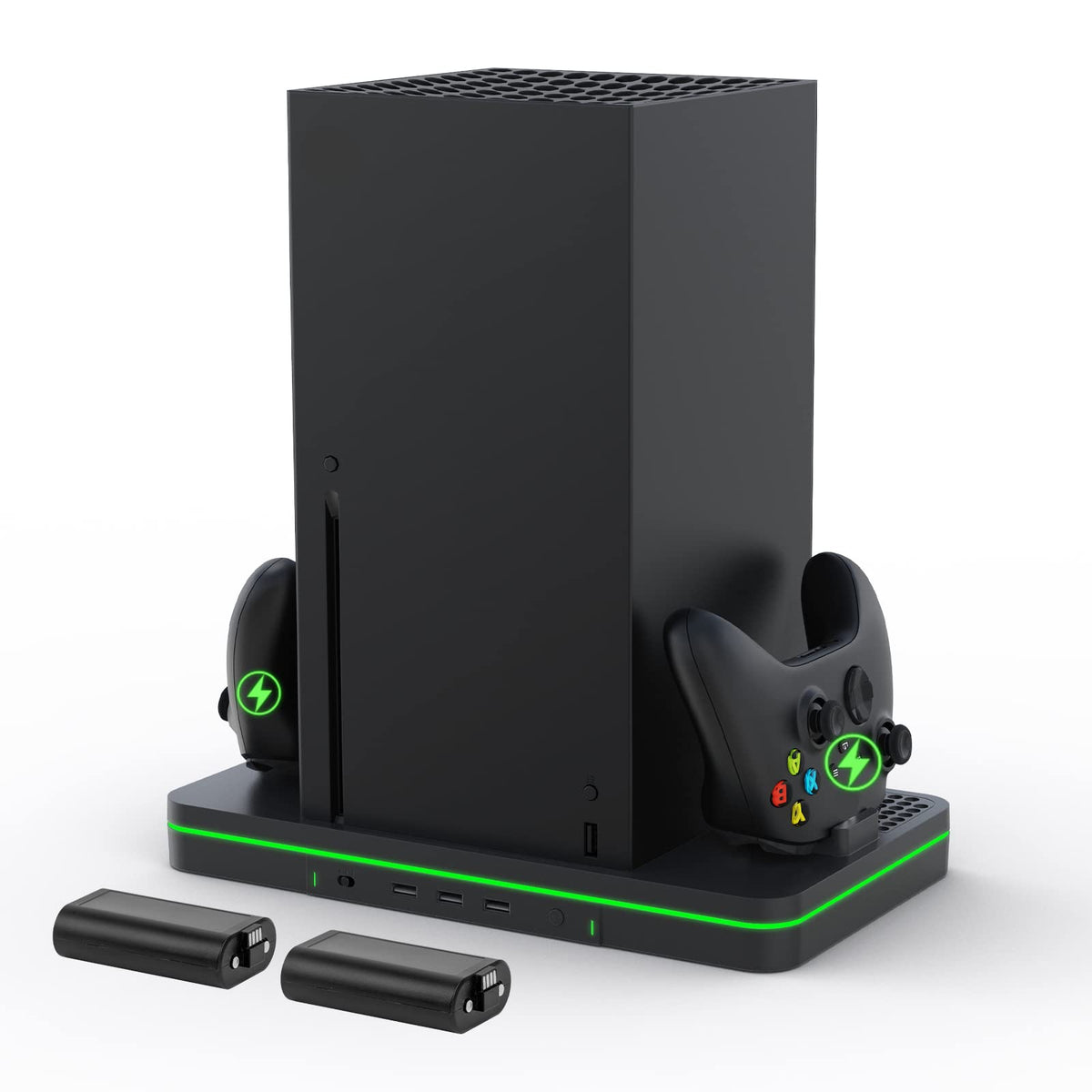 Charging Stand with Cooling Fan  CODOGOY Vertical Stand Compatible with Xbox Series X/S Console&Controller  Dual Controller Charger Station Dock with 3 USB Ports 2*1100 mAh Rechargeable Battery Packs