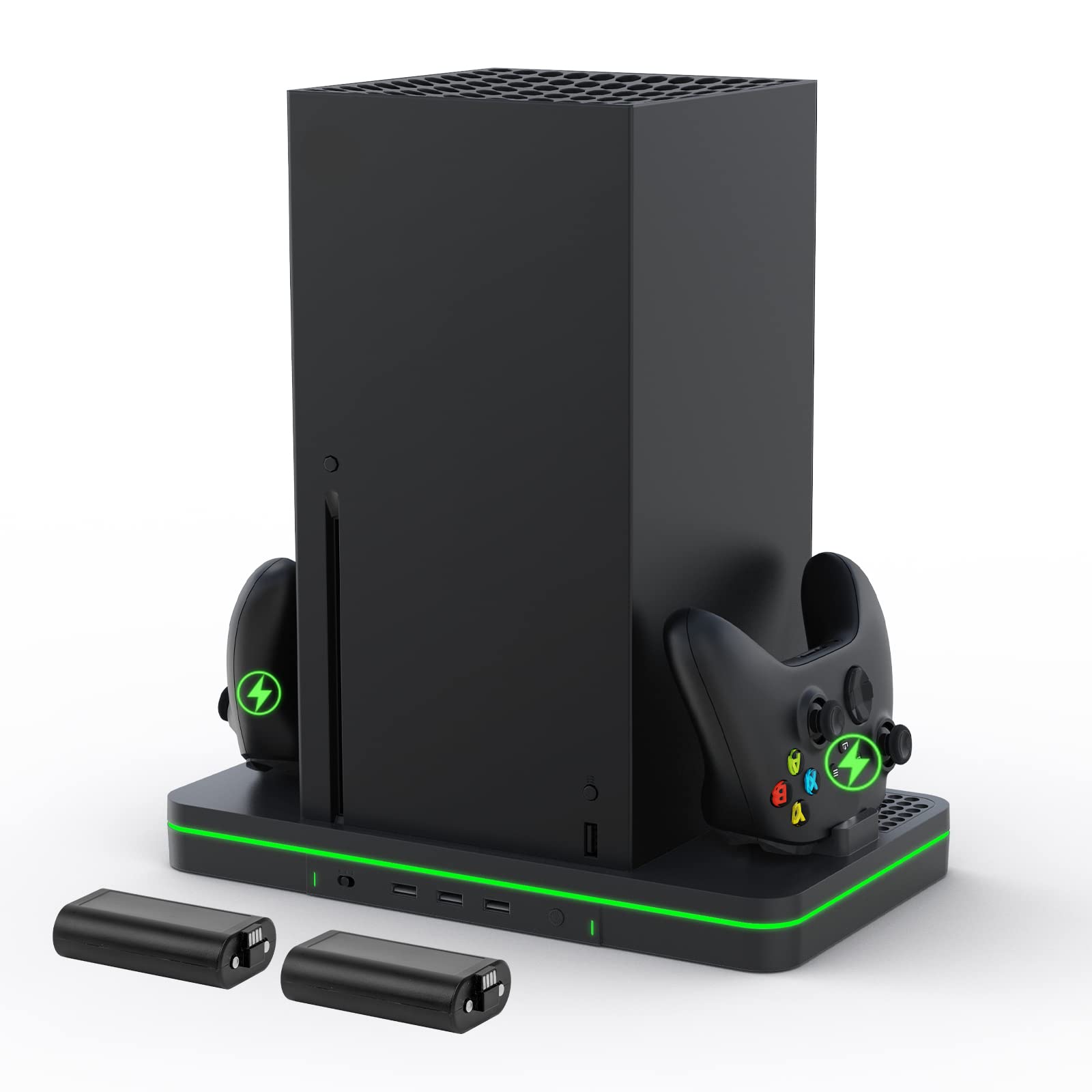 Charging Stand with Cooling Fan  CODOGOY Vertical Stand Compatible with Xbox Series X/S Console&Controller  Dual Controller Charger Station Dock with 3 USB Ports 2*1100 mAh Rechargeable Battery Packs