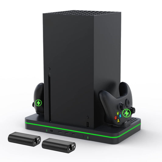 Charging Stand with Cooling Fan  CODOGOY Vertical Stand Compatible with Xbox Series X/S Console&Controller  Dual Controller Charger Station Dock with 3 USB Ports 2*1100 mAh Rechargeable Battery Packs