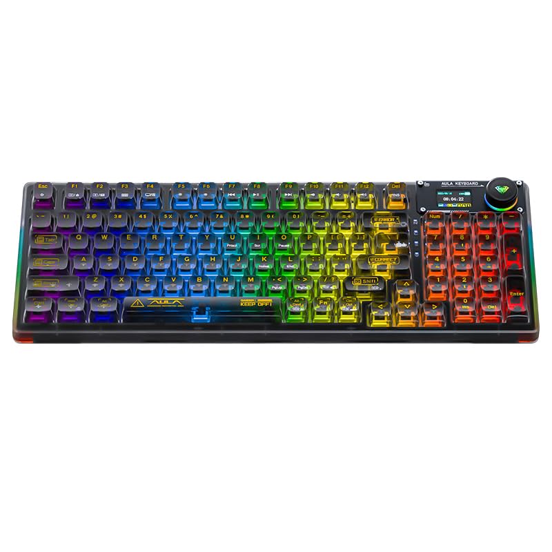 AULA F98 Pro Wireless Mechanical Keyboard with Transparent Keycaps Hot-swappable Pre-lubed Linear Switches Gasket Structure RGB Backlit OLED Screen BT5.0/2.4G/USB-C Wired Computer Keyboard