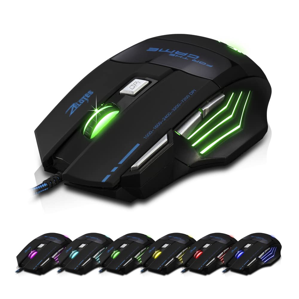 Zelotes T80 Wired Gaming Mouse, 7200 DPI, 7 Buttons, Ergonomic, LED Illumination, Black