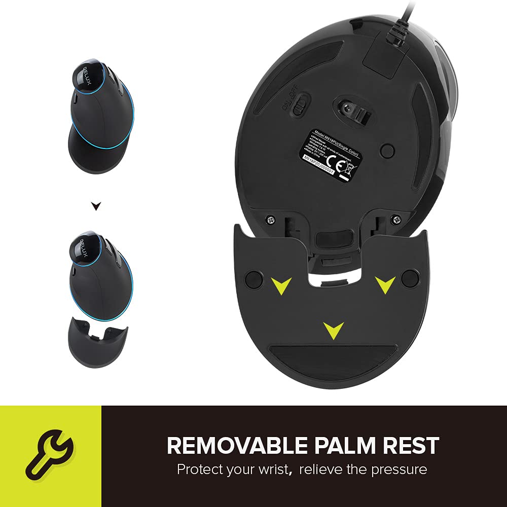 DeLUX Wired Ergonomic Vertical Mouse M618PU - 7200DPI, Large, Blue LED Light, 6 Programmable Buttons, Removable Palm Rest for PC/Laptop