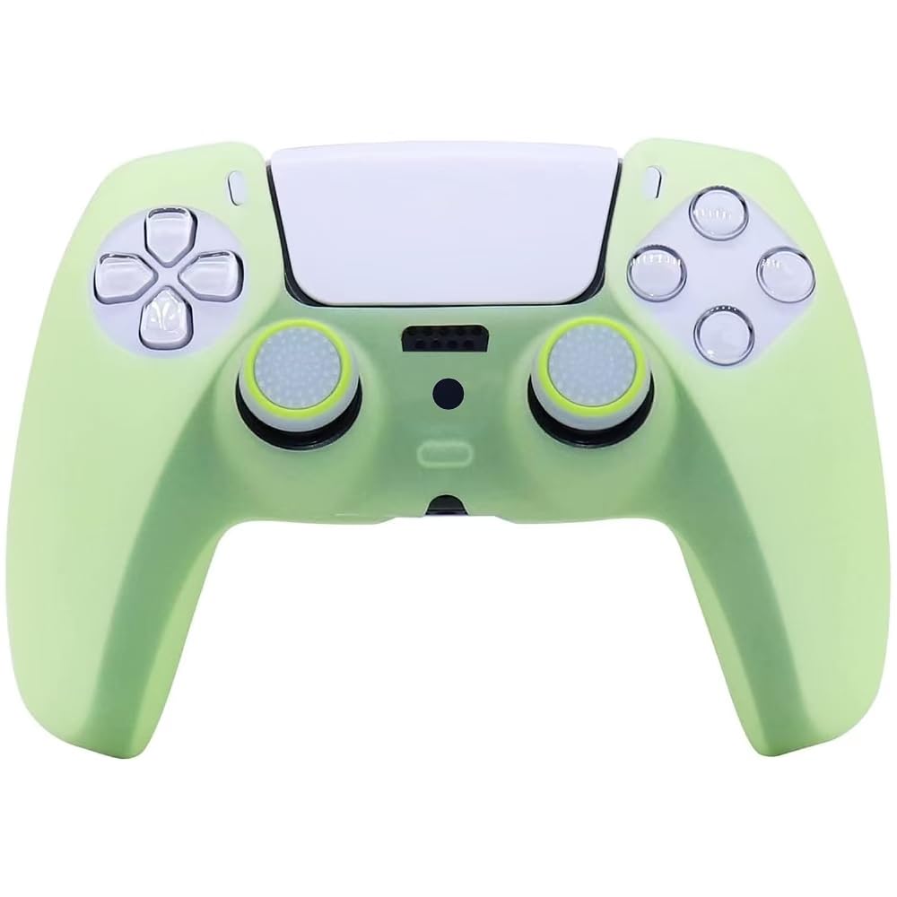 HLRAO PS5 Controller Skin - Silicone Grip Case with 8 Thumb Grips & L2/R2 Caps - Glow Green - Protective Accessory for Dualshock 5