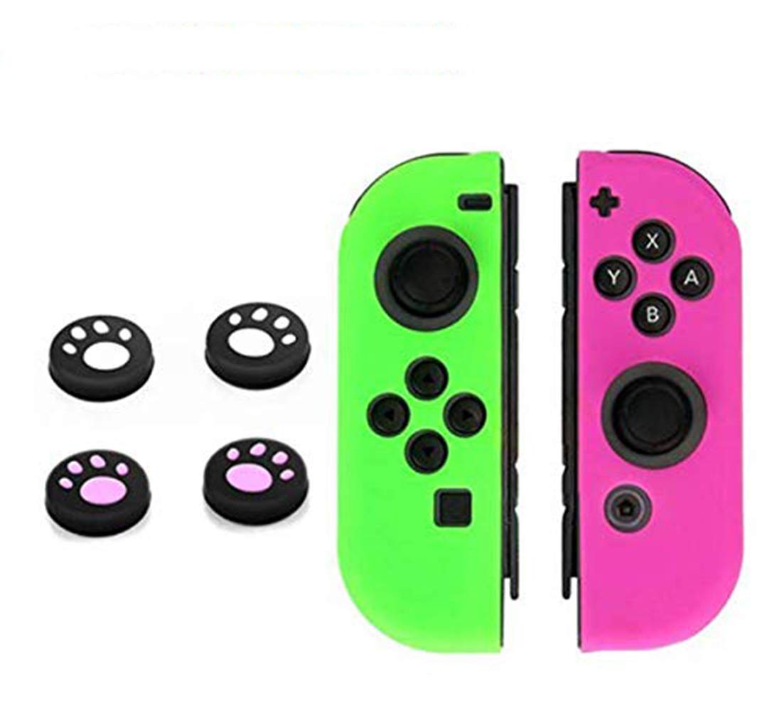 6 in 1 Thumb Grips Joystick Cap Cover Soft Silicone Protective Skin Case for Nintendo Switch Joy-Con Controller (Green-Pink)