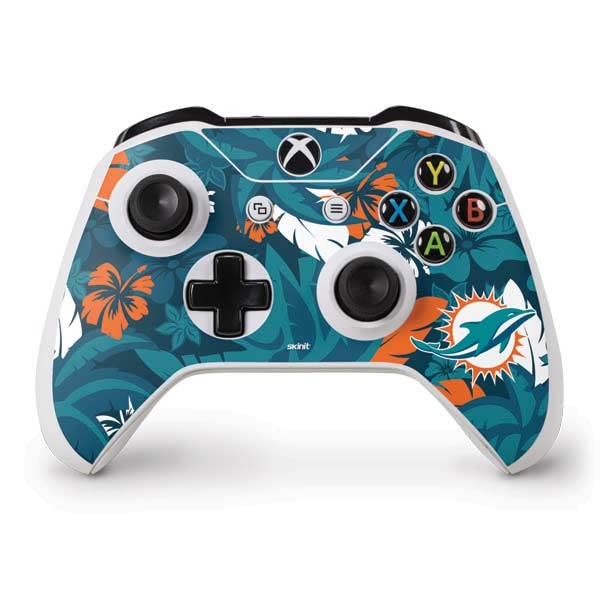 Skinit Decal Gaming Skin Compatible with Xbox One S Controller - Officially Licensed NFL Miami Dolphins Tropical Print Design