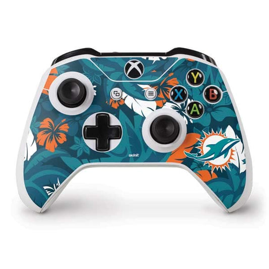 Skinit Decal Gaming Skin Compatible with Xbox One S Controller - Officially Licensed NFL Miami Dolphins Tropical Print Design
