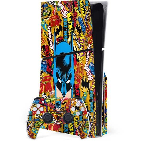 Skinit Decal Gaming Skin Compatible with PS5 Slim Disk Bundle - Officially Licensed DC Comics Batman Mask Vintage Pattern Design