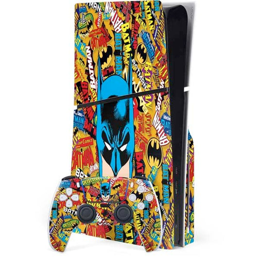 Skinit Decal Gaming Skin Compatible with PS5 Slim Disk Bundle - Officially Licensed DC Comics Batman Mask Vintage Pattern Design