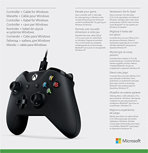 Xbox Wireless Controller with Cable for Windows, Model 4N6-00001, Black, Plastic Material