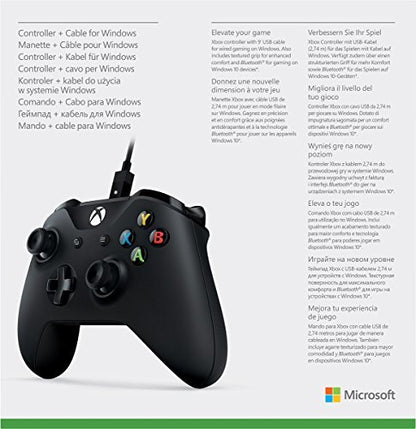 Xbox Wireless Controller with Cable for Windows, Model 4N6-00001, Black, Plastic Material