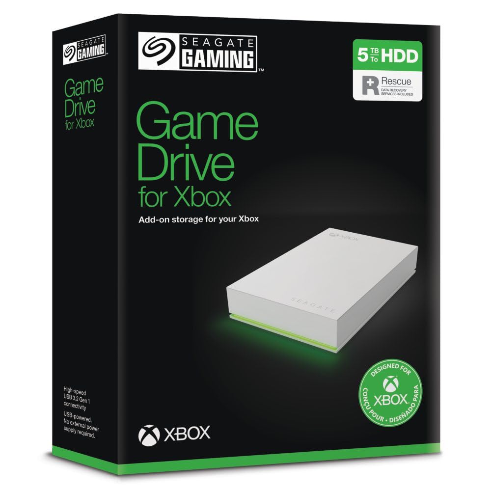 Seagate Game Drive for Xbox 5TB - External Hard Drive, USB 3.2, RGB LED, White, Model STKX5000100, Xbox Certified