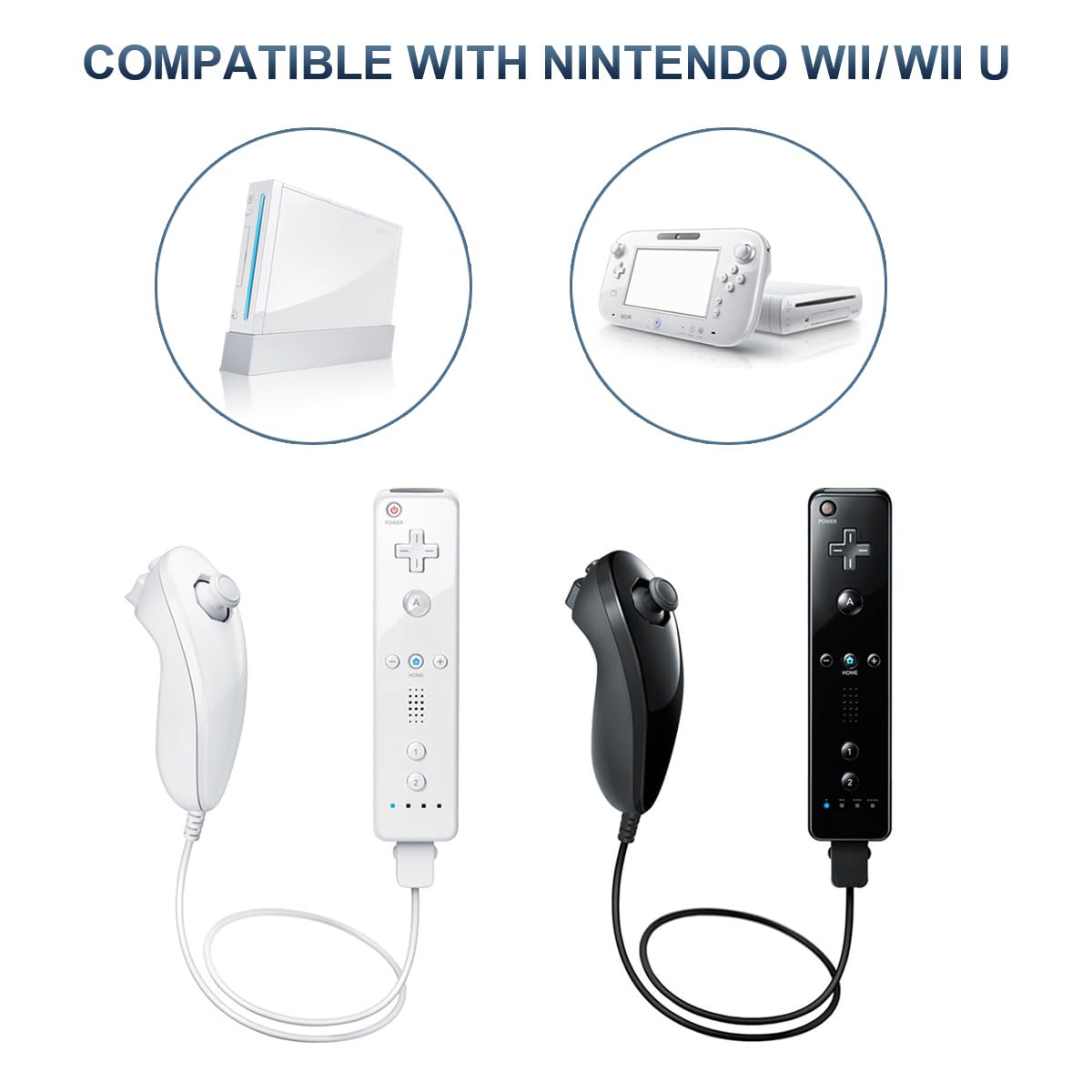 FASIGO Remote Controller with Nunchuck for Nintendo Wii/Wii U, 2 Pack - White & Black