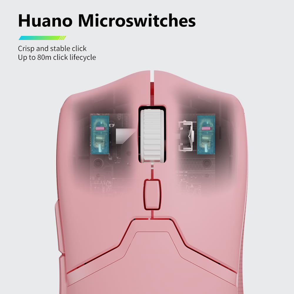 DeLUX M800PRO Wireless Gaming Mouse - Rechargeable, 26000DPI PAW3395 Sensor, Tri-Mode, Huano Pink Switches, Rose Color