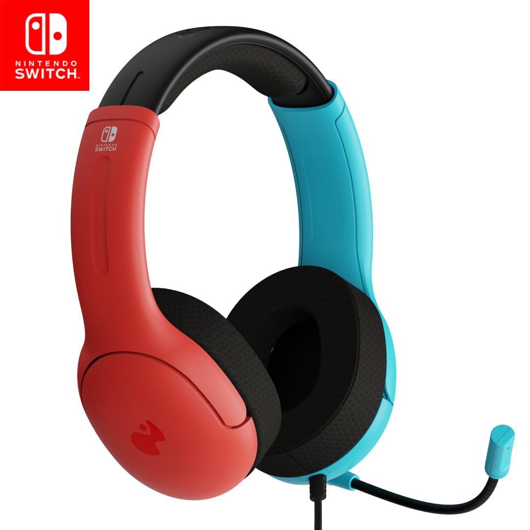 PDP Gaming LVL40 Airlite Stereo Headset for Nintendo Switch/Lite/OLED - Wired Power Noise Cancelling Microphone  Lightweight Soft Comfort On Ear Headphones (Mario Neon - Red & Blue)