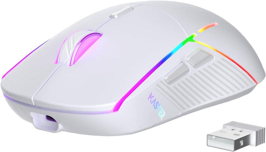 FFJ Wireless Gaming Mouse - 24000 DPI, Tri-Mode 2.4G/USB-C/Bluetooth, RGB, 75Hrs Battery Life, Rechargeable, White, Model Master