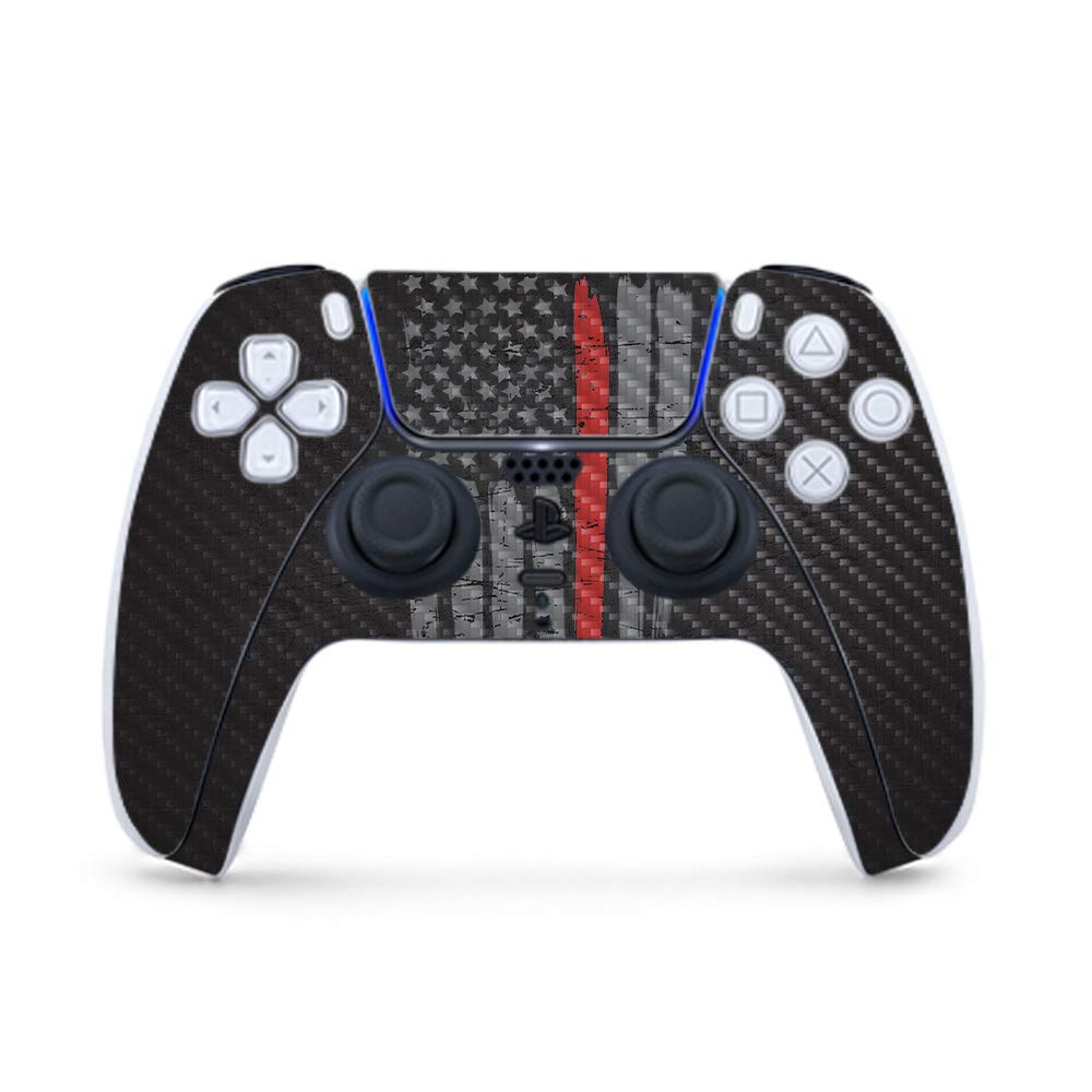 MightySkins Carbon Fiber Gaming Skin for PS5 / Playstation 5 Controller - Thin Red Line | Durable Textured Carbon Fiber Finish | Easy to Apply | Made in The USA