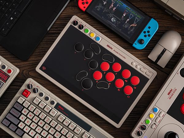 8Bitdo Arcade Controller for Switch & Windows – Bluetooth, 2.4G, Wired, Retro Design, Low-profile Switches, 4 Programmable Buttons, Model 6922621507611