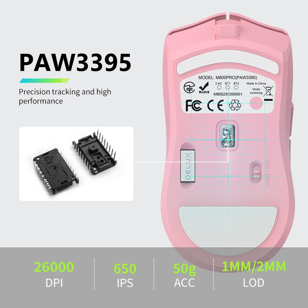 DeLUX M800PRO Wireless Gaming Mouse - Rechargeable, 26000DPI PAW3395 Sensor, Tri-Mode, Huano Pink Switches, Rose Color