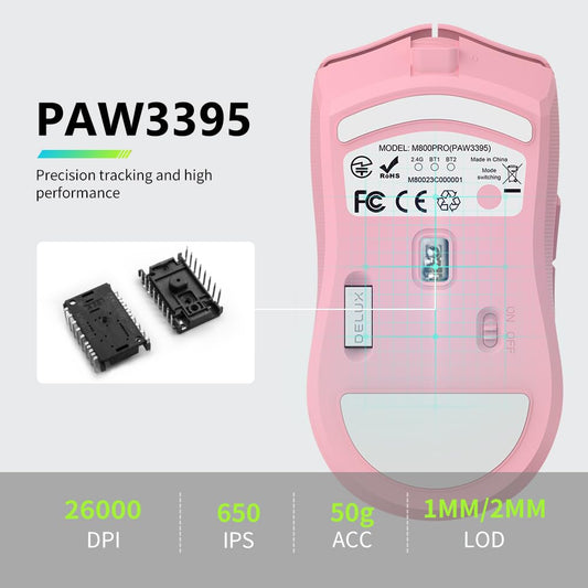DeLUX M800PRO Wireless Gaming Mouse - Rechargeable, 26000DPI PAW3395 Sensor, Tri-Mode, Huano Pink Switches, Rose Color