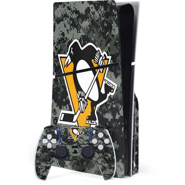 Skinit Decal Gaming Skin Compatible with PS5 Slim Disk Bundle - Officially Licensed NHL Pittsburgh Penguins Camo Design