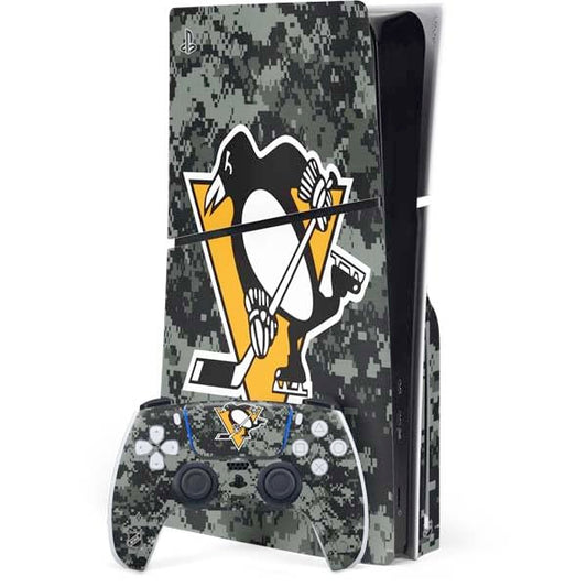 Skinit Decal Gaming Skin Compatible with PS5 Slim Disk Bundle - Officially Licensed NHL Pittsburgh Penguins Camo Design