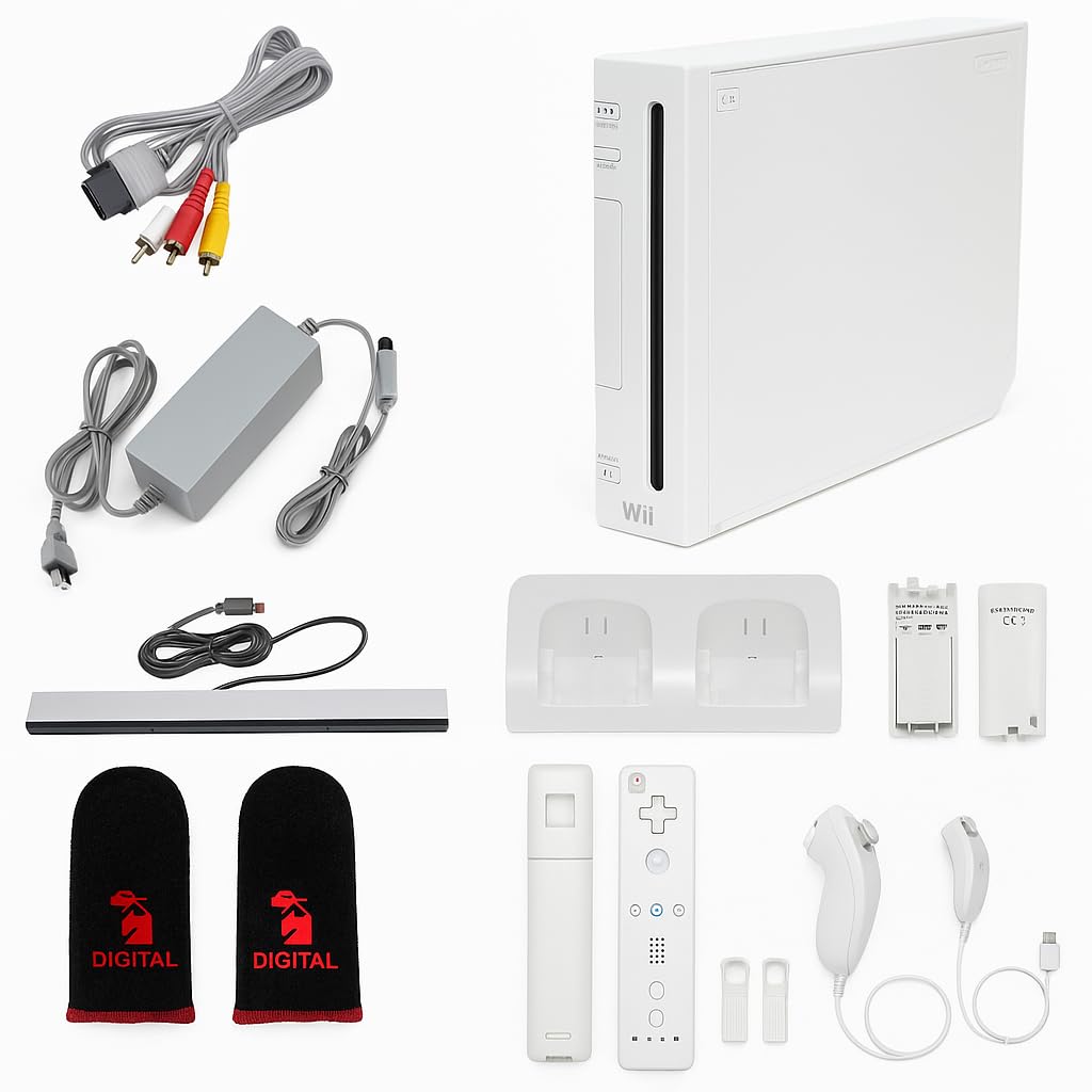 Digital Dynasty Nintendo Wii Console White fine Bundle with 1-Year Warranty Includes 2 Remotes  2 Nunchucks  Dual Dock Stand  Sensor Bar  AV Cable and 2 Gaming Sleeves (refurbished)