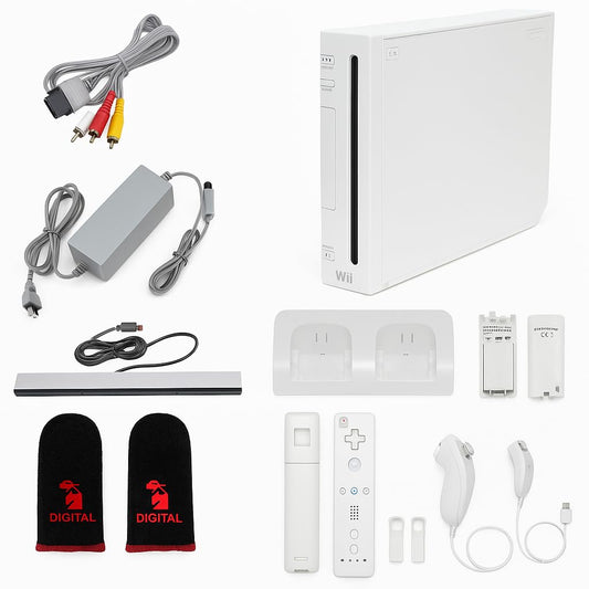 Digital Dynasty Nintendo Wii Console White fine Bundle with 1-Year Warranty Includes 2 Remotes  2 Nunchucks  Dual Dock Stand  Sensor Bar  AV Cable and 2 Gaming Sleeves (refurbished)