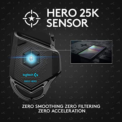 Logitech G502 Hero Gaming Mouse - Hero 25K Sensor, 11 Programmable Buttons, RGB, KDA Color, 5.2"x3"x1.6", Model 910-