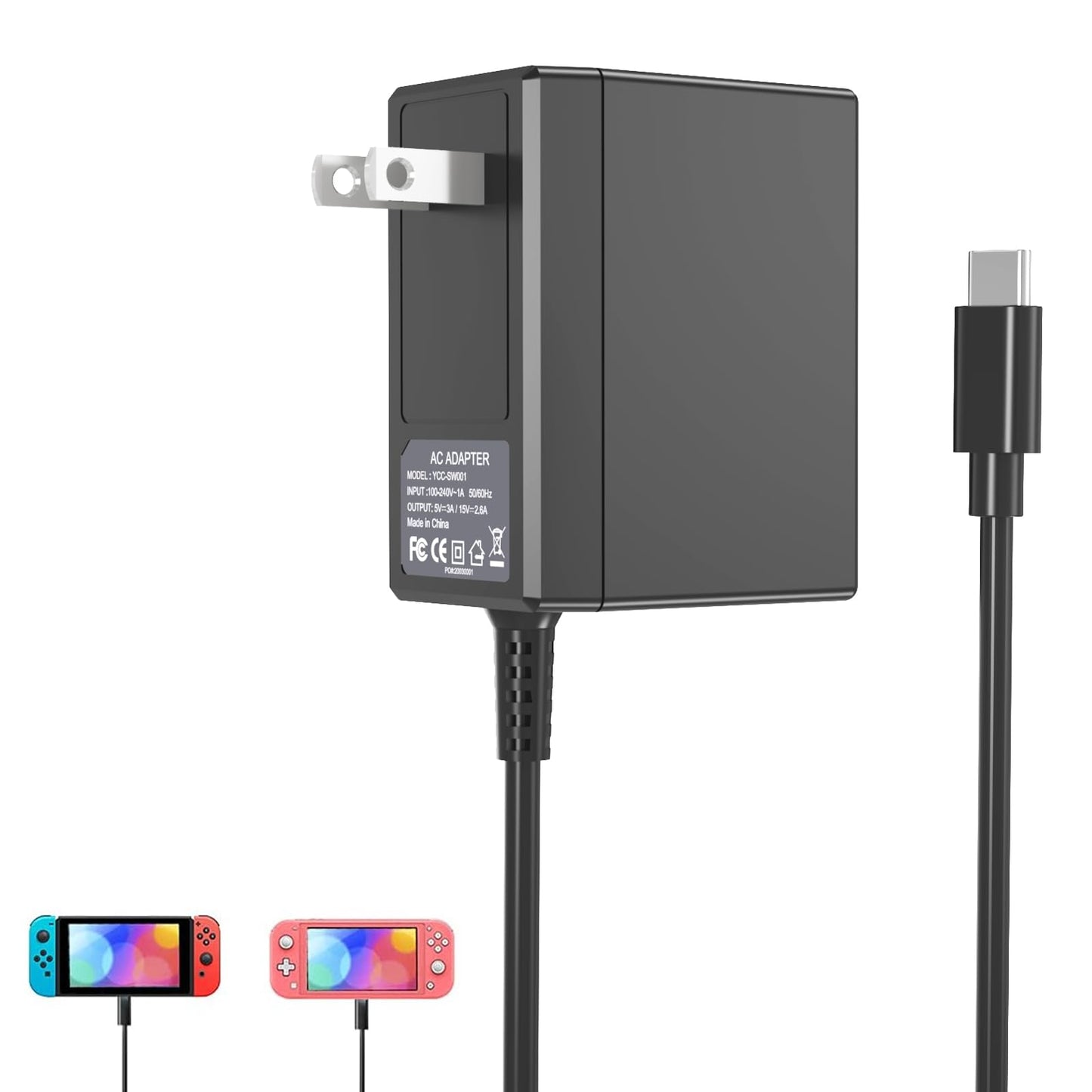 VGAME Switch Charger for Nintendo Switch/Switch OLED/Switch Lite - Fully Charged AC Power Supply Within 2.5H with 5FT USB C Cable  Compatible Android Phone and Switch Dock (Black)