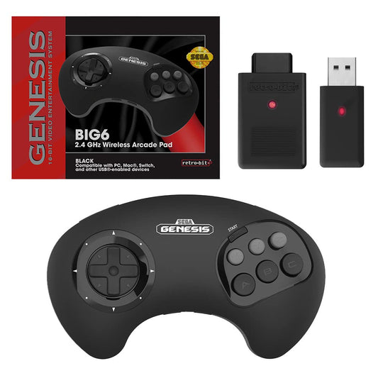 Retro-Bit BIG6 Wireless Arcade Controller for Sega Genesis, Switch, PC - 2.4 GHz, Black