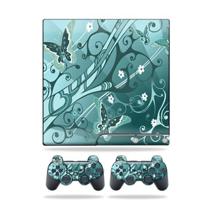 MIGHTY SKINS PS3 Slim Skin + 2 Controller Stickers - Butterfly Blues Design, Compatible with Sony PlayStation 3