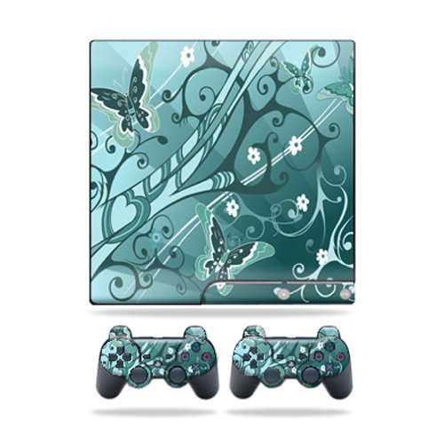 MIGHTY SKINS PS3 Slim Skin + 2 Controller Stickers - Butterfly Blues Design, Compatible with Sony PlayStation 3