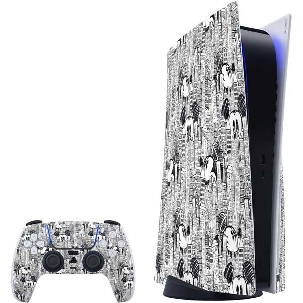 Skinit Decal Gaming Skin Compatible with PS5 Bundle - Officially Licensed Disney Mickey Mouse Cityscape Sketch Design