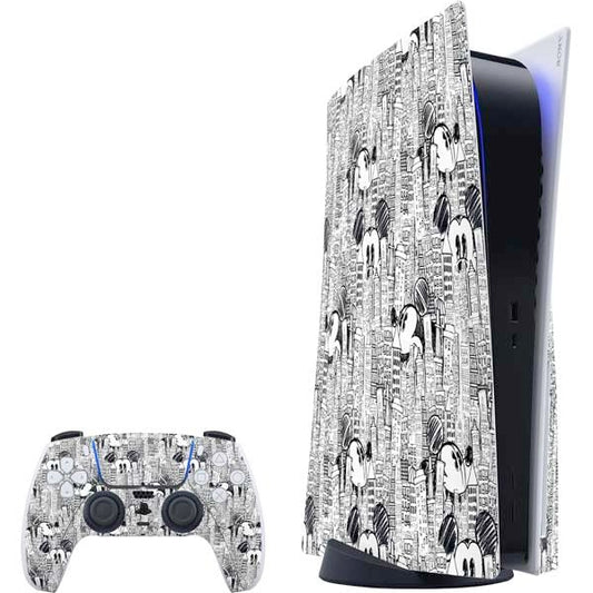 Skinit Decal Gaming Skin Compatible with PS5 Bundle - Officially Licensed Disney Mickey Mouse Cityscape Sketch Design