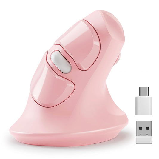 MICROPACK Ergonomic Vertical Wireless Mouse - 6 Buttons, 800/1200/1600 DPI, Medium Size, Pink & Type-C Receiver