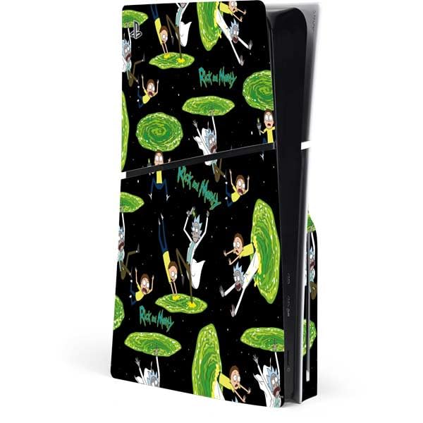 Skinit Decal Gaming Skin Compatible with PS5 Slim Disk Console - Officially Licensed Adult Swim Rick and Morty Portal Pattern Design