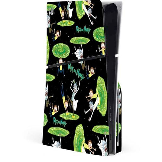 Skinit Decal Gaming Skin Compatible with PS5 Slim Disk Console - Officially Licensed Adult Swim Rick and Morty Portal Pattern Design