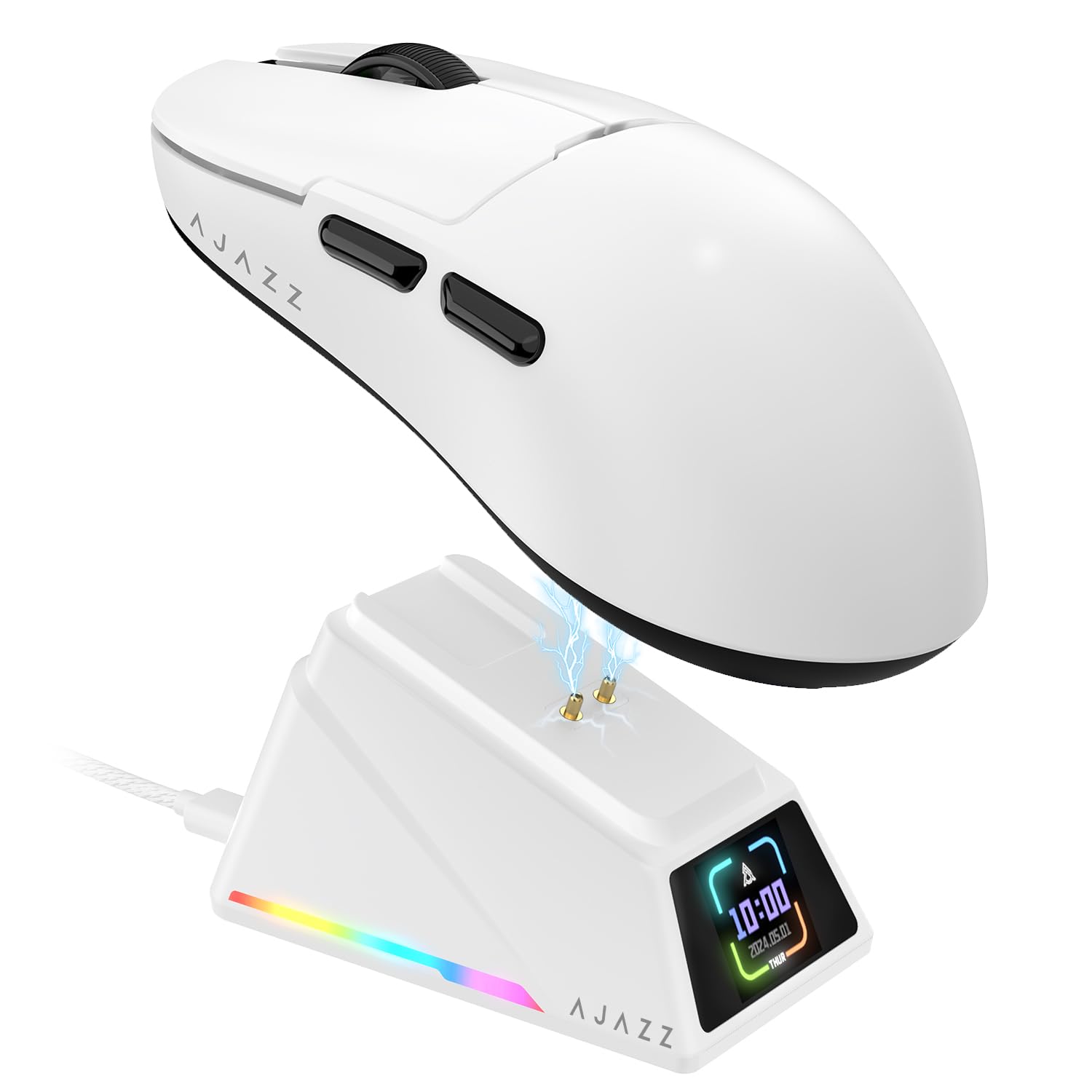 Yindiao AJAZZ AJ159 APEX Wireless Gaming Mouse with Magnetic Charging Base  56g Lightweight BT/2.4G/USB-C Wired Mouse  PAW3950APEX 42K DPI Optical Sensor  Programmable Buttons for PC/Mac/Win(White)