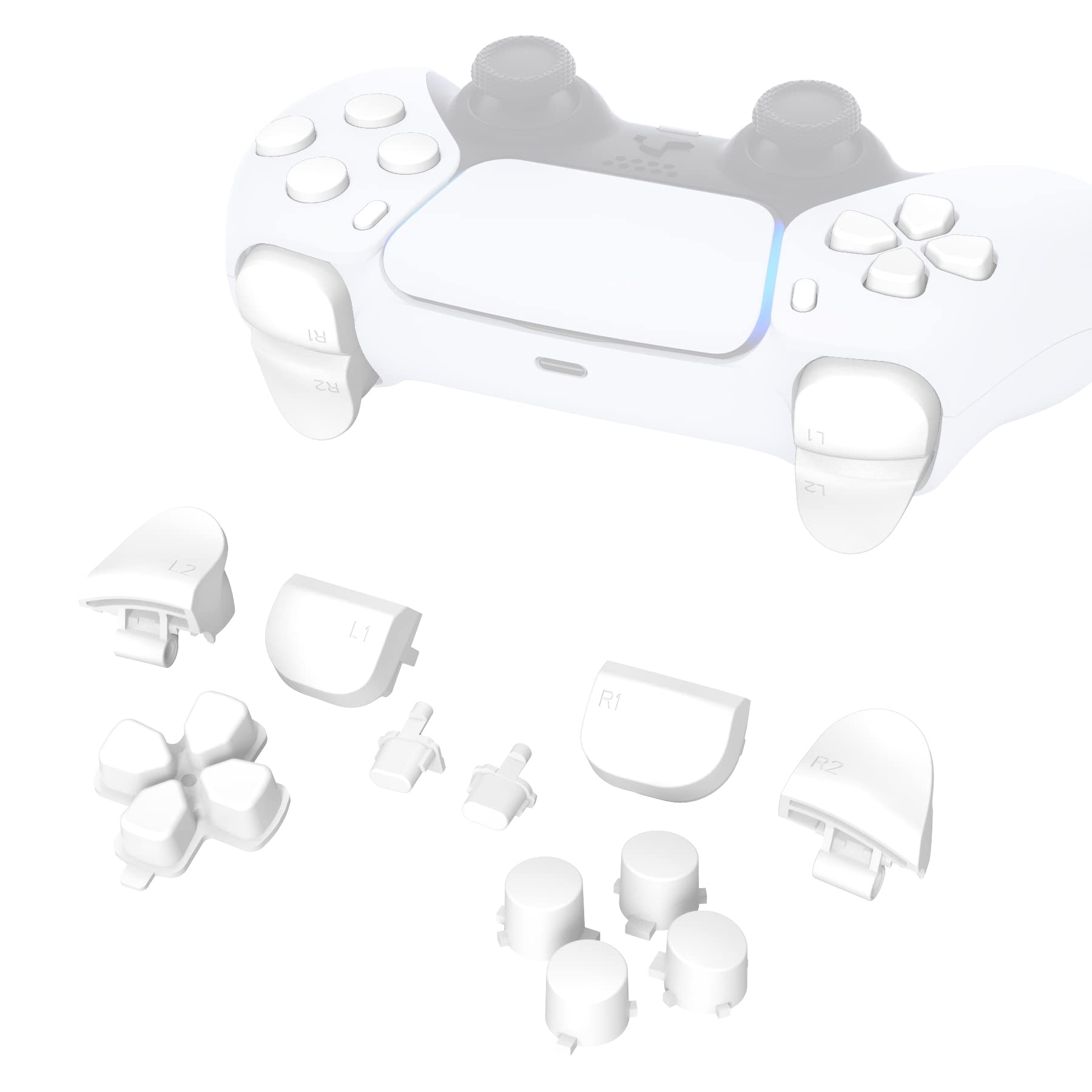 eXtremeRate Replacement D-pad R1 L1 R2 L2 Triggers Share Options Face Buttons  White Full Set Buttons Compatible with ps5 Controller BDM-010 & BDM-020