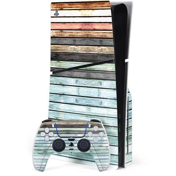 Skinit Decal Gaming Skin Compatible with PS5 Slim Disk Bundle - Wooden Stripes Design