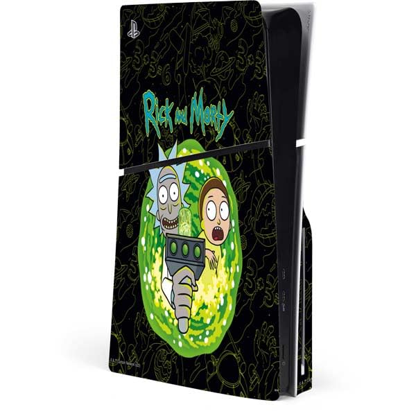 Skinit Decal Gaming Skin Compatible with PS5 Slim Disk Console - Officially Licensed Adult Swim Rick and Morty Portal Travel Design