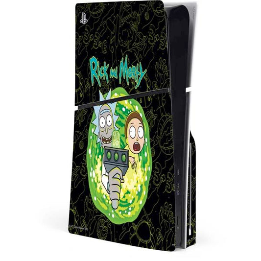 Skinit Decal Gaming Skin Compatible with PS5 Slim Disk Console - Officially Licensed Adult Swim Rick and Morty Portal Travel Design