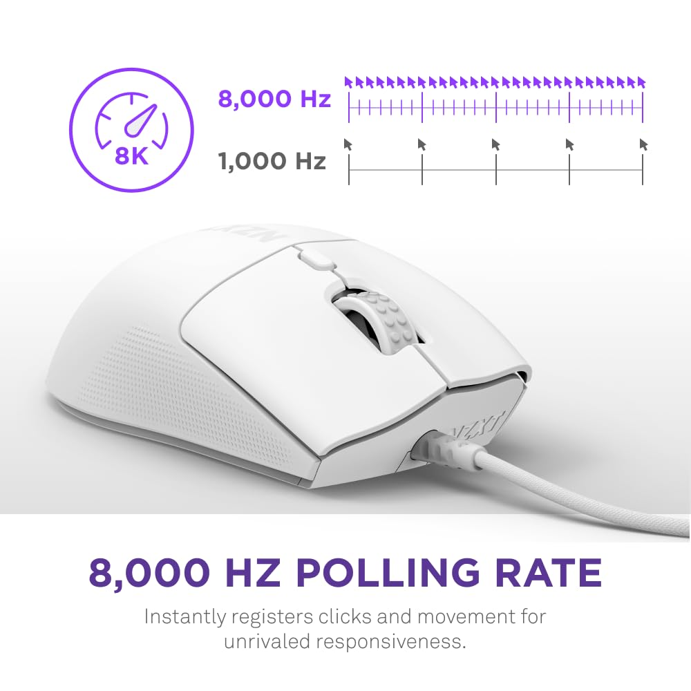 NZXT Lift 2 Ergo Gaming Mouse - Lightweight 58g, 8K Polling Rate, 26K DPI, Optical Switches, White, Model MS-001NW-02
