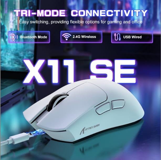 ATTACK SHARK X11SE Ultra-Light Wireless Gaming Mouse, Tri-Modes BT5.2/Type-C/2.4G, 22KDPI, 5 Buttons, White